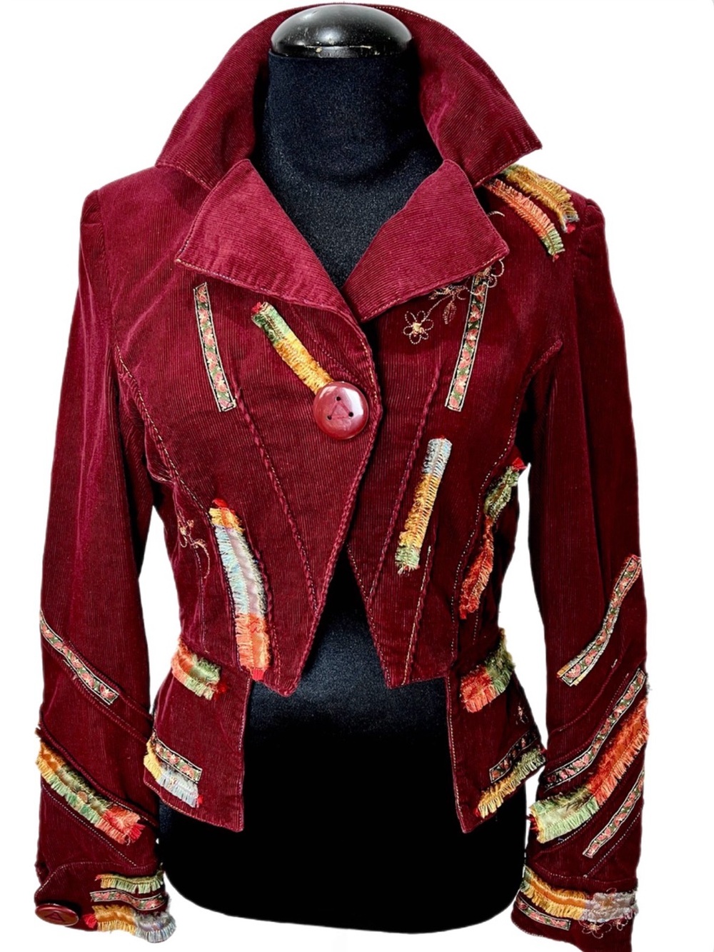 CAR MAR Burgundy Corduroy Embroidered Blazer - Bohemian Style